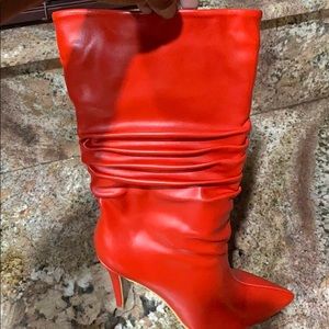 Red ruched vegan leather calf boot